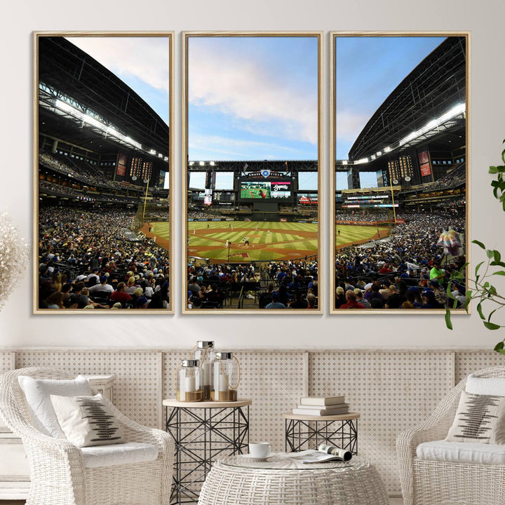 The wall art is an Arizona Diamondbacks Baseball Print depicting a packed Chase Field Stadium under a clear blue sky.