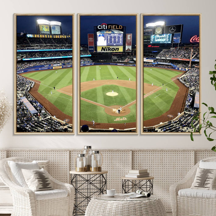 The wall is adorned with a 3-panel Citi Field Wall Art Print, framed for sports-themed decor.