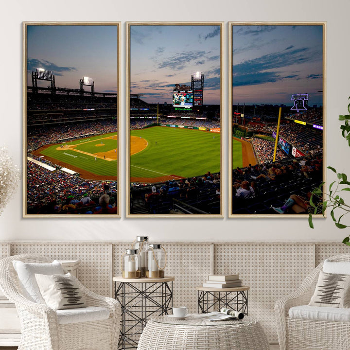 A wall art piece depicting the Philadelphia Phillies Citizens Bank Park Stadium at dusk.