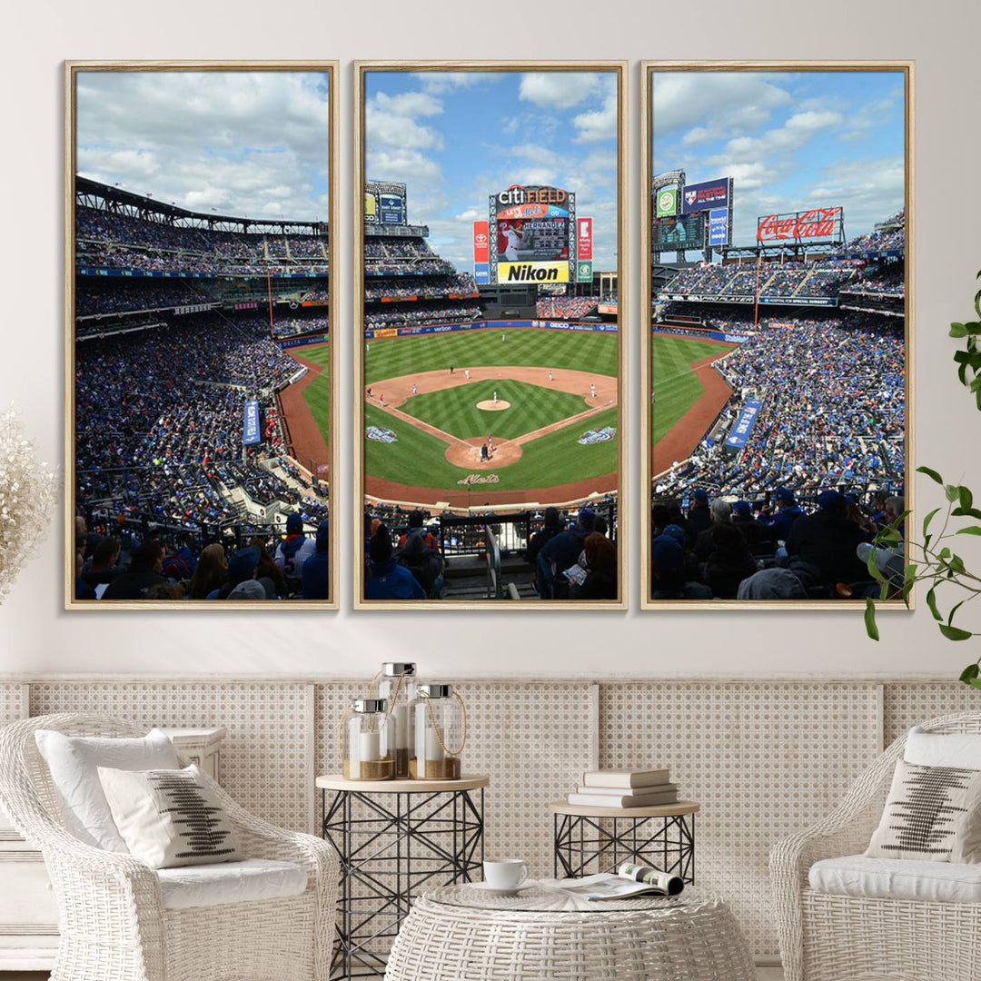 A wall art piece featuring a New York Mets Baseball Team print of Citi Field during a thrilling game under a blue sky.