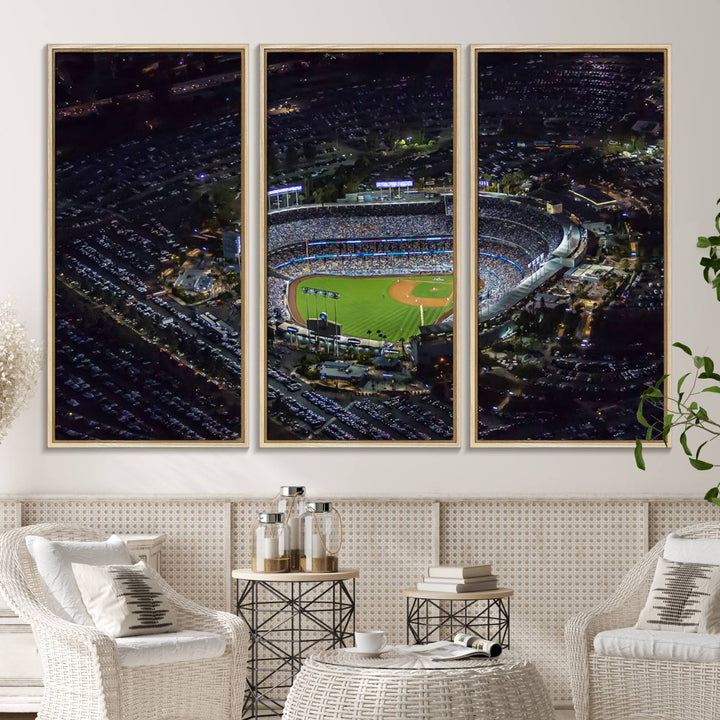 A large Los Angeles Dodgers print of Dodger Stadium at night is displayed near a window.