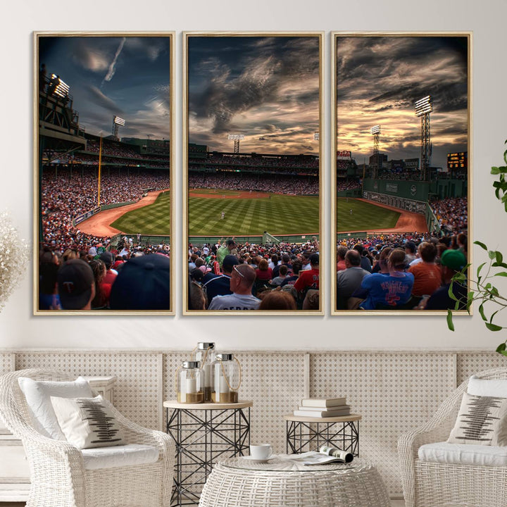 Boston Red Sox canvas print of Fenway Park at sunset, ideal for sports fans.