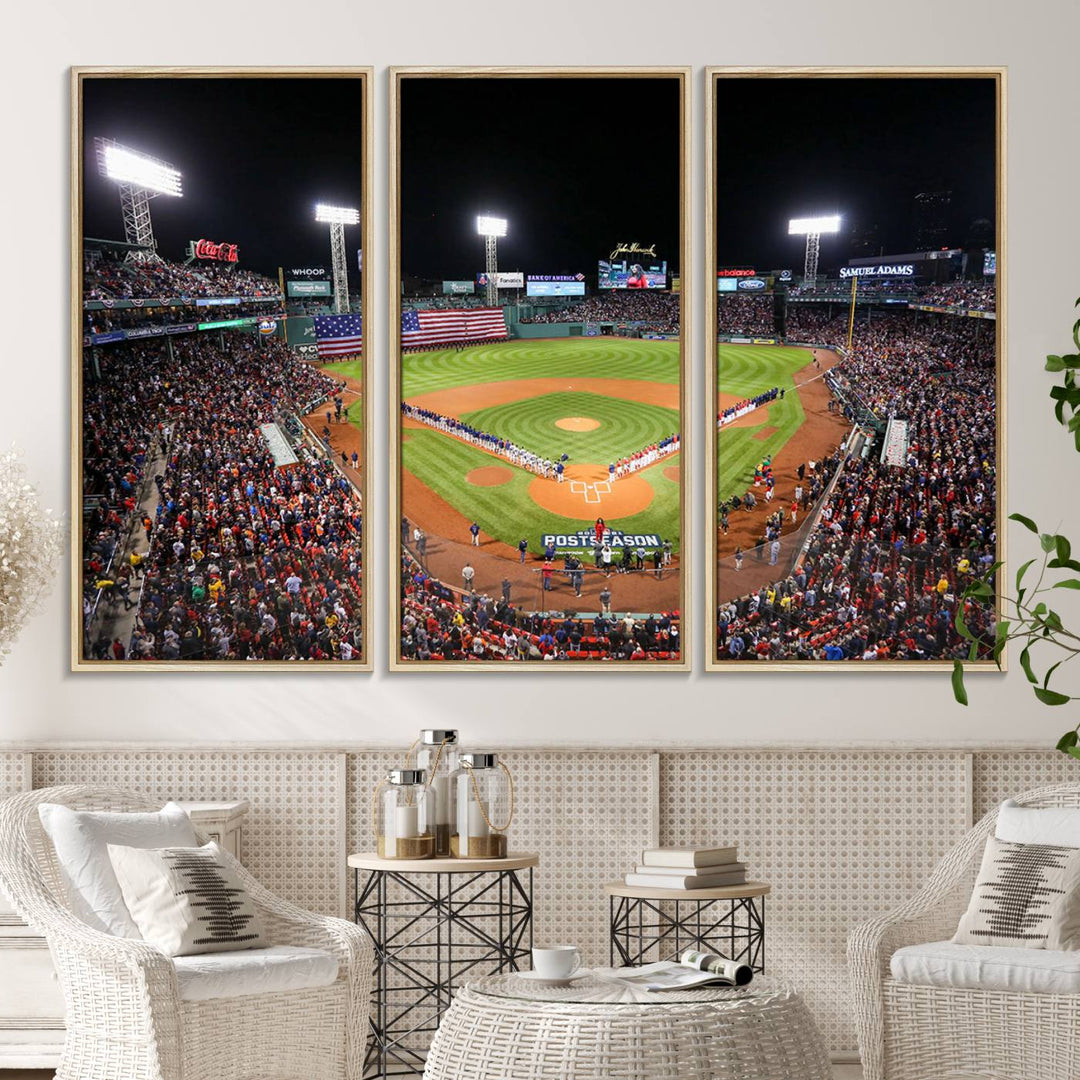 The Fenway Park Wall Art Canvas Print showcases a stunning aerial view of Bostons iconic ballpark at night, making it an ideal piece for any Red Sox enthusiast.