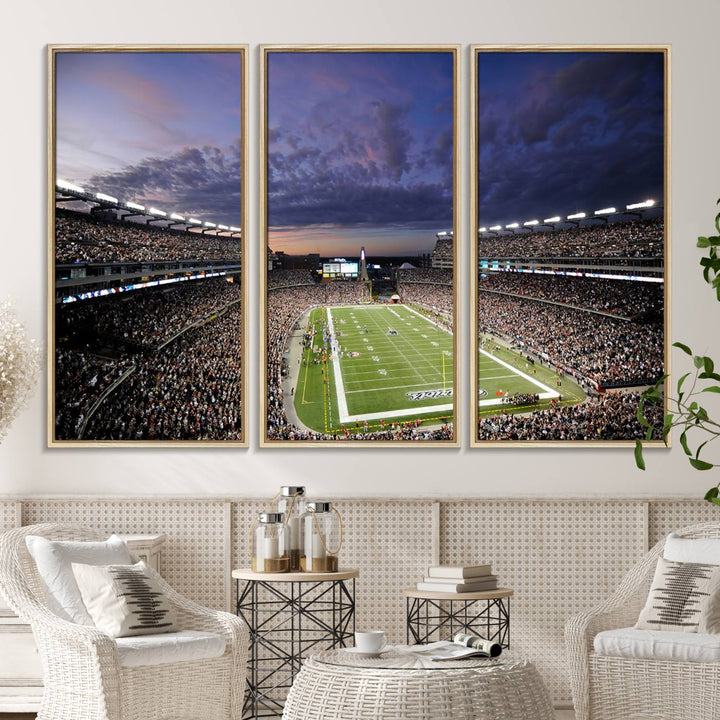 A large New England Patriots Foxborough Gillette Stadium wall art canvas print at sunset.