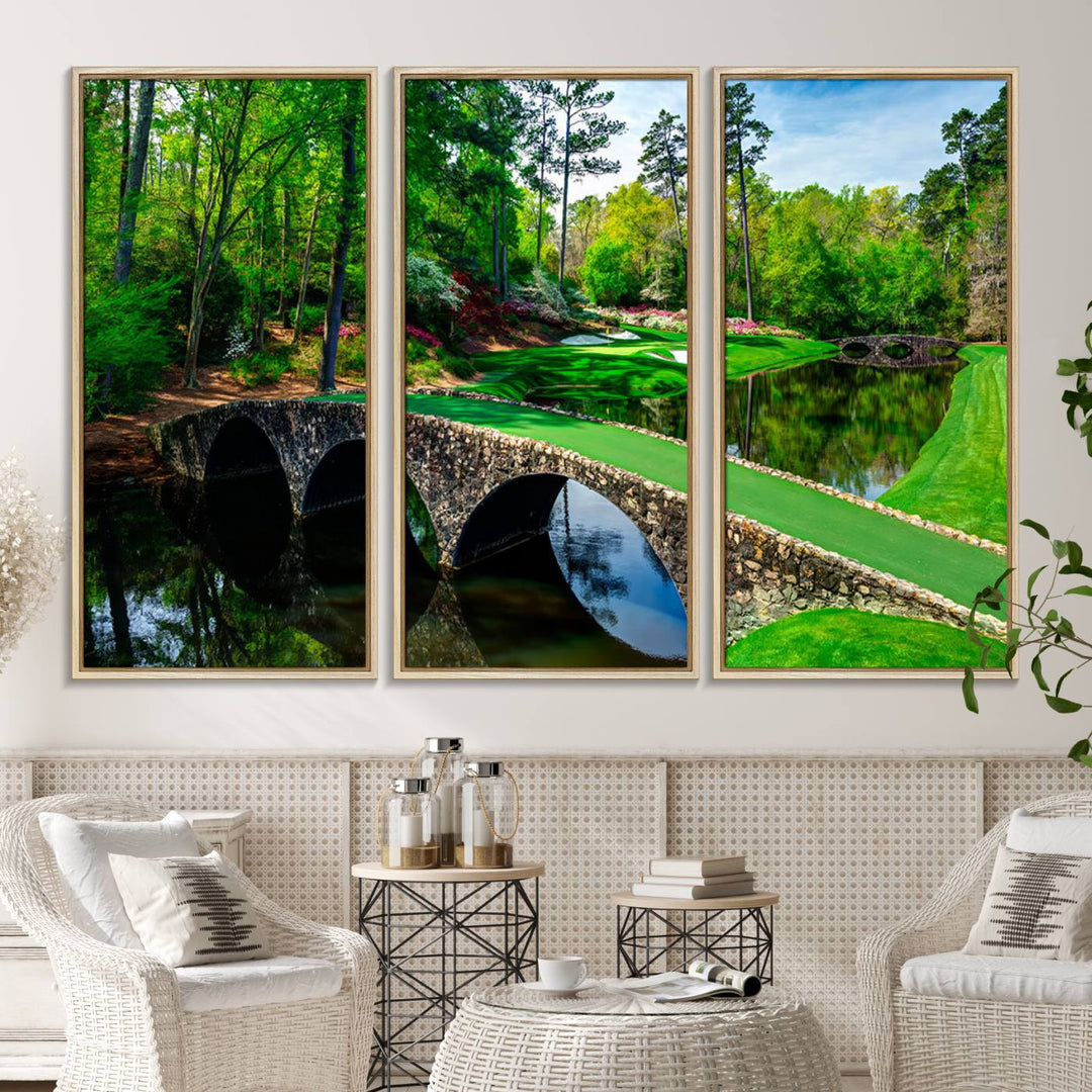 The wall art from Augusta National Golf Club showcases a panoramic bridge set against rich, lush greenery on a framed triptych canvas.