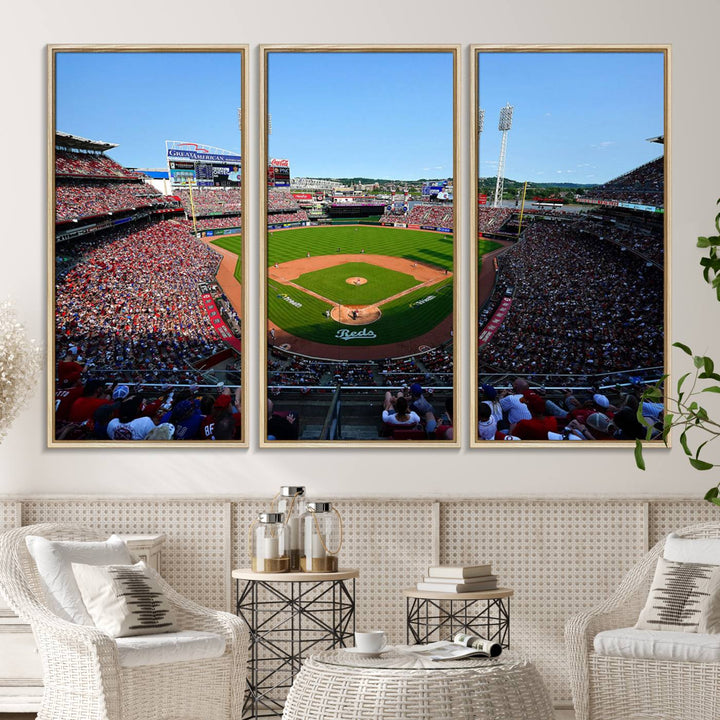 The Cincinnati Reds Baseball Team print of Great American Ball Park Stadium adorns the wall.