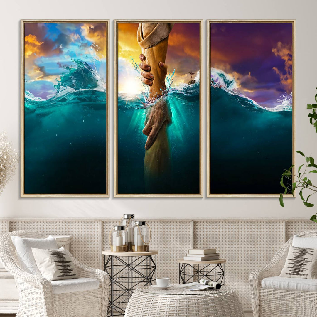 The God Hand Wall Art Canvas Print depicts hands reaching through water against a vibrant sky.