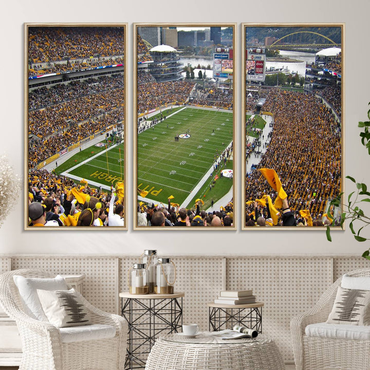 Heinz Field wall art and a cityscape serve as the backdrop.