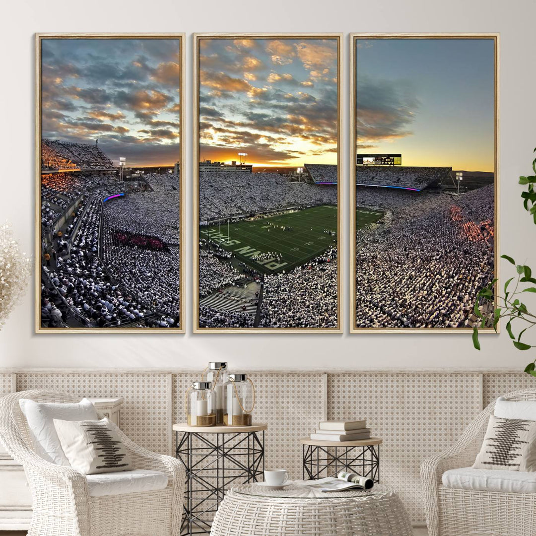 Enhance your dining area with team spirit by mounting the Beaver Stadium Wall Art, capturing sunsets in elegant style.