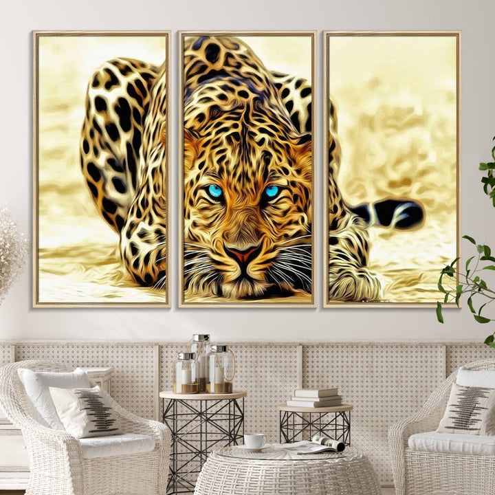 The Blue-Eyed Leopard Canvas Wall Art features a fierce and captivating design, perfect for wildlife enthusiasts. Its bold imagery makes it a striking decor piece, ready to hang.