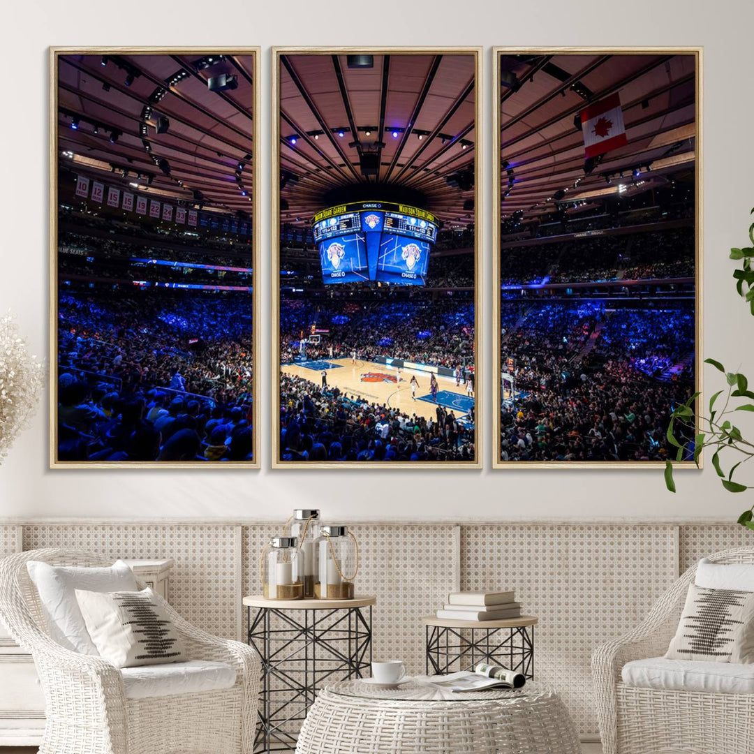 A print depicting an NBA game at Madison Square Garden, highlighting the scoreboard.