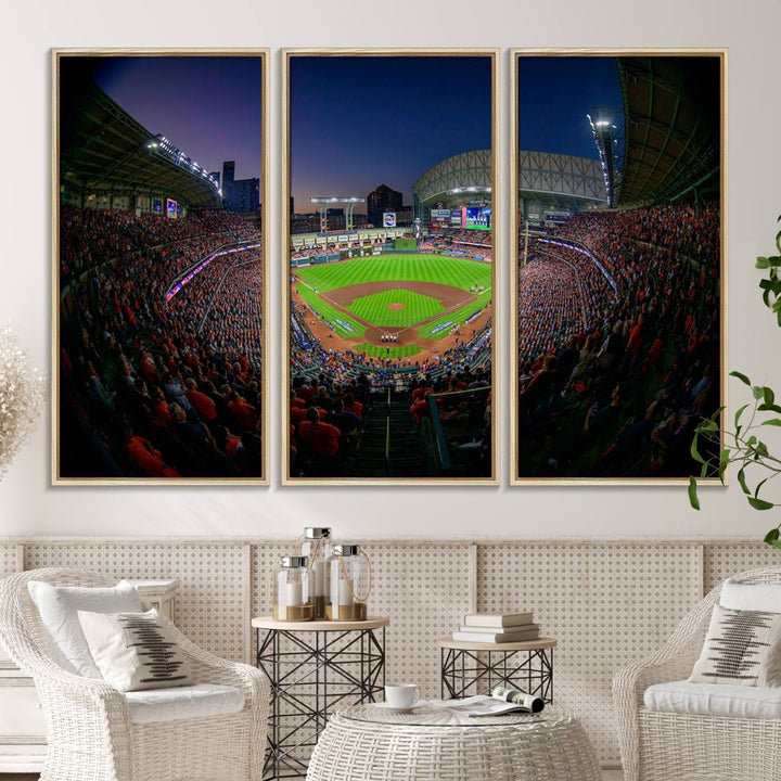 A canvas print of Houston Minute Maid Park at dusk is mounted on the wall.