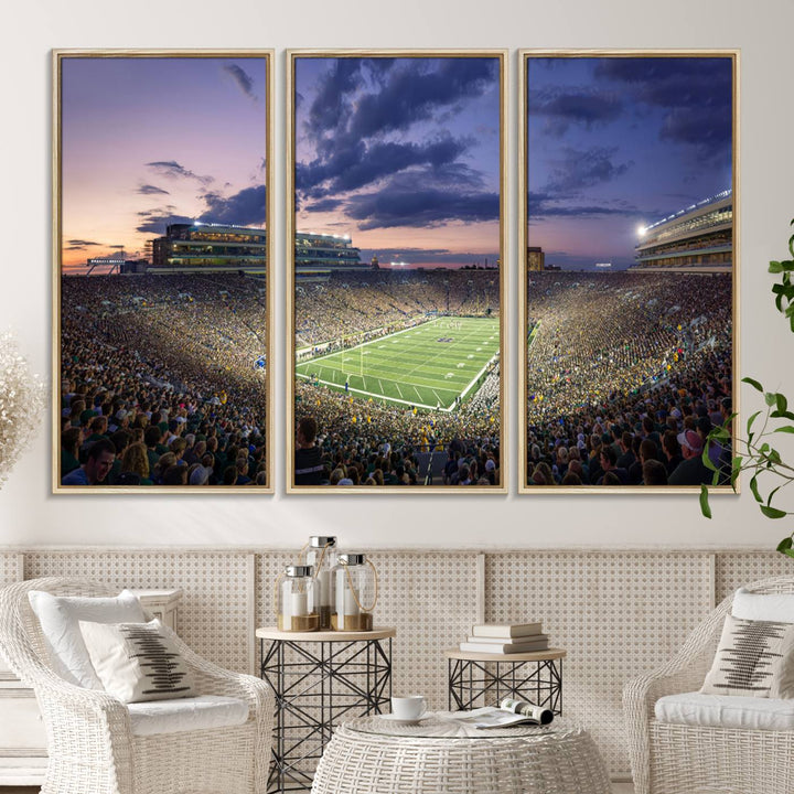 As the sun sets, a stunning backdrop highlights the Notre Dame Fighting Irish Football Team Print.