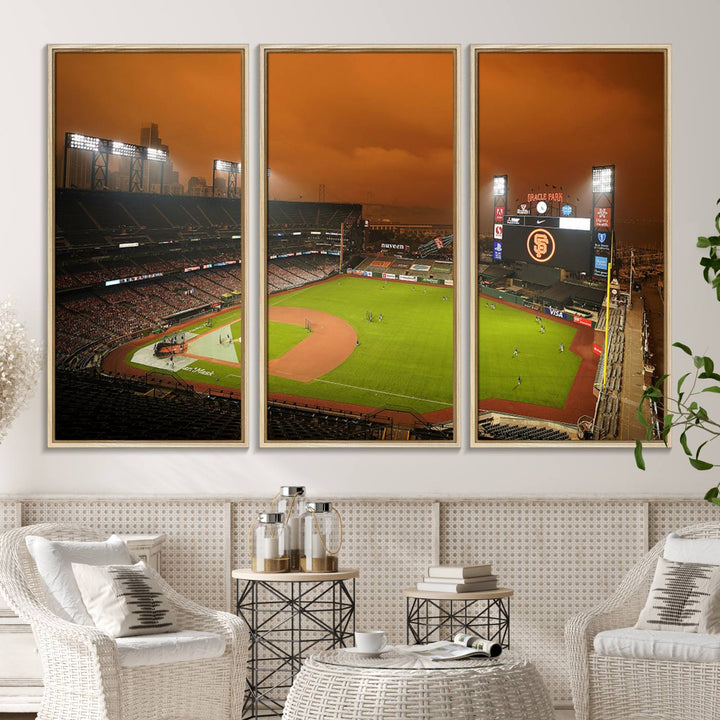 A canvas depicting an Oracle Park game with an orange sky, from SF Giants Stadium Wall Art.