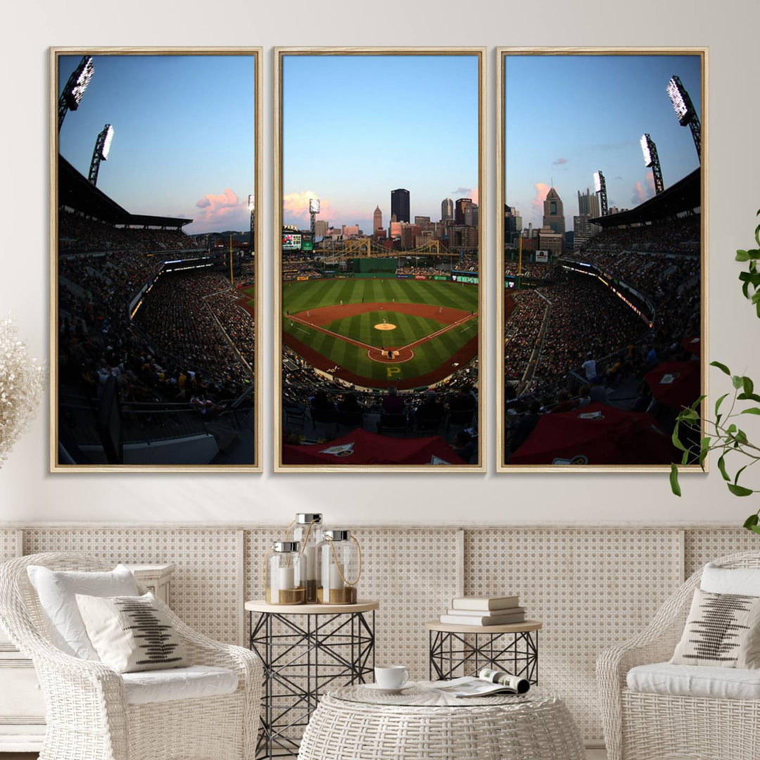 The PNC Park Evening Game Canvas, featuring a skyline backdrop, is displayed on the wall.