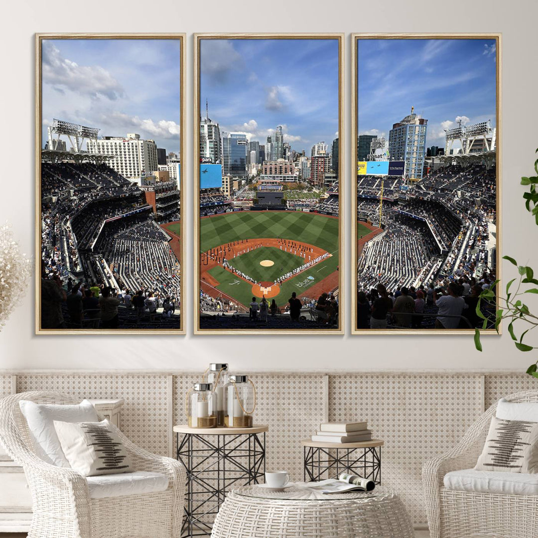 The San Diego Padres Baseball Canvas Print of Petco Park enhances the modern kitchen-dining area.