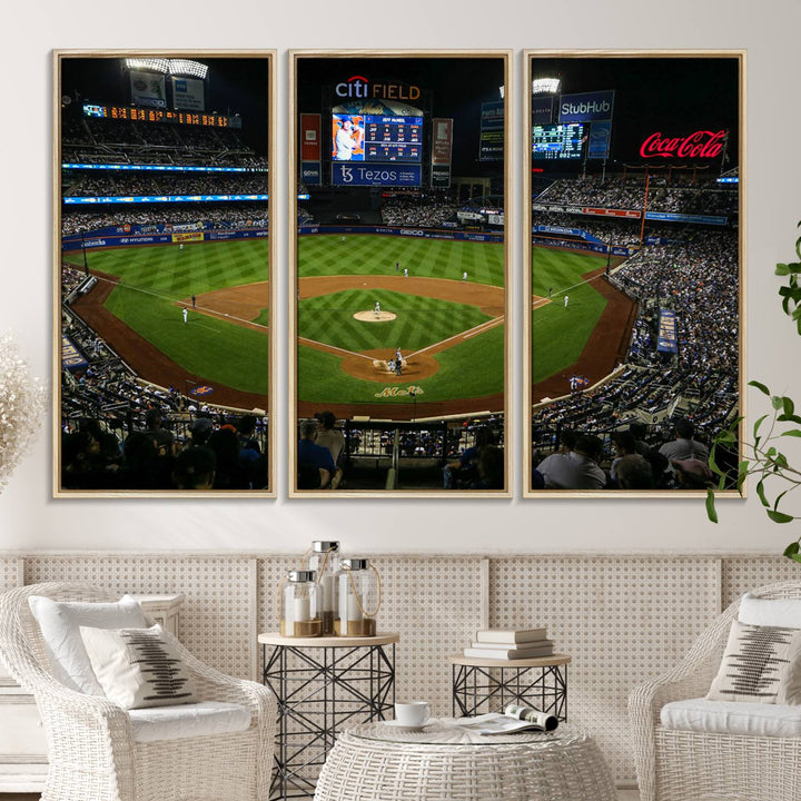 A print of the Oakland Athletics game at RingCentral Coliseum hangs on the wall.