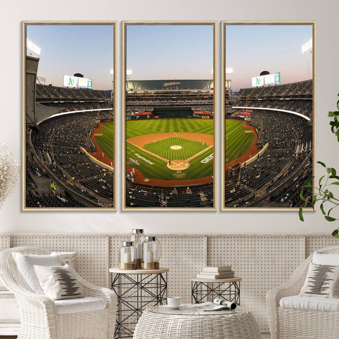 Oakland Athletics wall art canvas featuring the interior of RingCentral Coliseum Stadium.