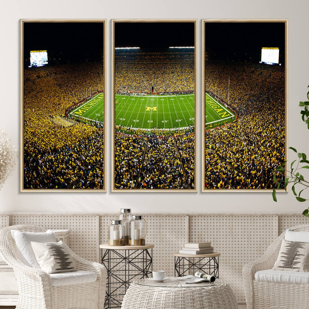 Aerial view of Michigan Stadium night game, ideal for Michigan Wolverines Football Team displayed on a triple canvas wall art.