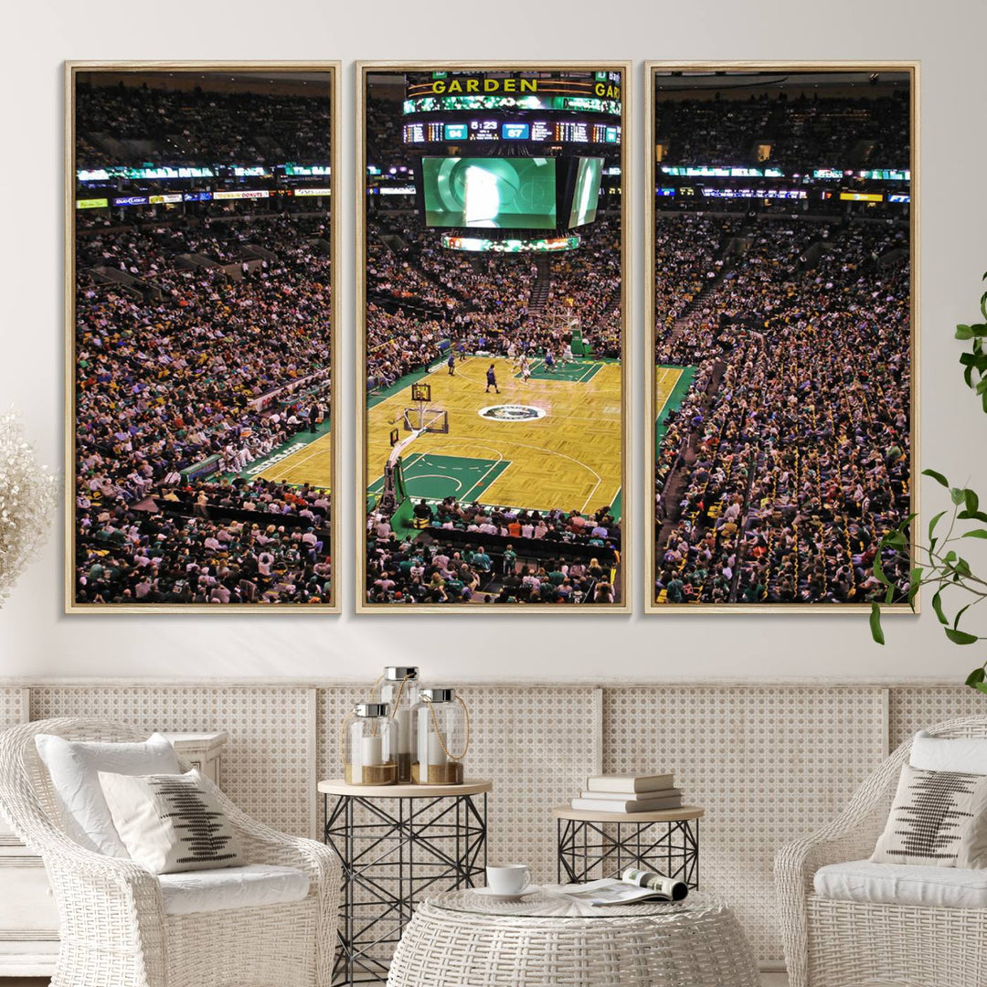 A vibrant depiction of a TD Garden basketball game is beautifully captured in the Boston Celtics Triple Canvas Wall Art, which comes framed and ready to hang.