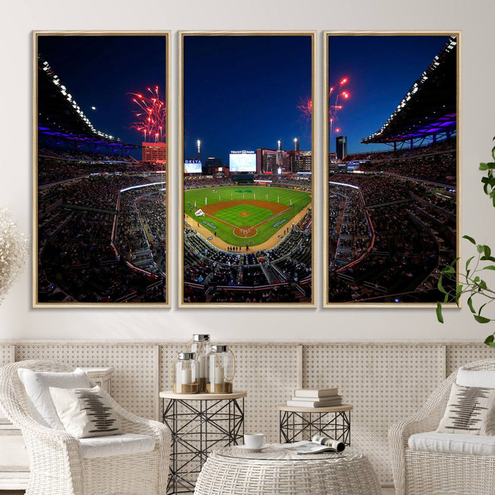 Truist Park wall art: fireworks over a Braves crowd, a large 3-panel canvas, framed and ready-to-hang.