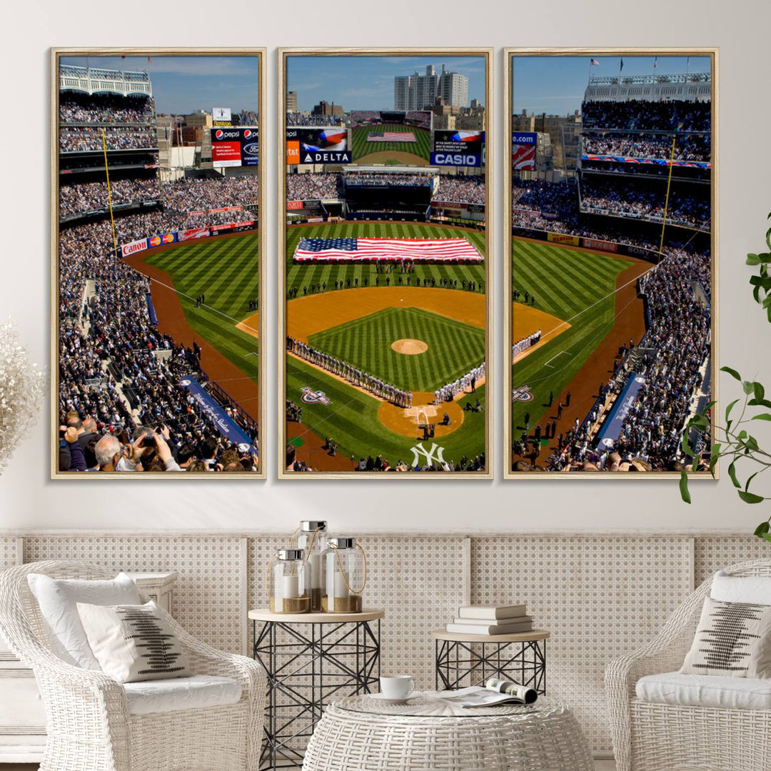 The Yankee Stadium New York wall art print features a vibrant scene of baseball fans with a large flag and players, expertly capturing the spirit of the game. This ready-to-hang décor is perfect for adding a dynamic touch to any space.