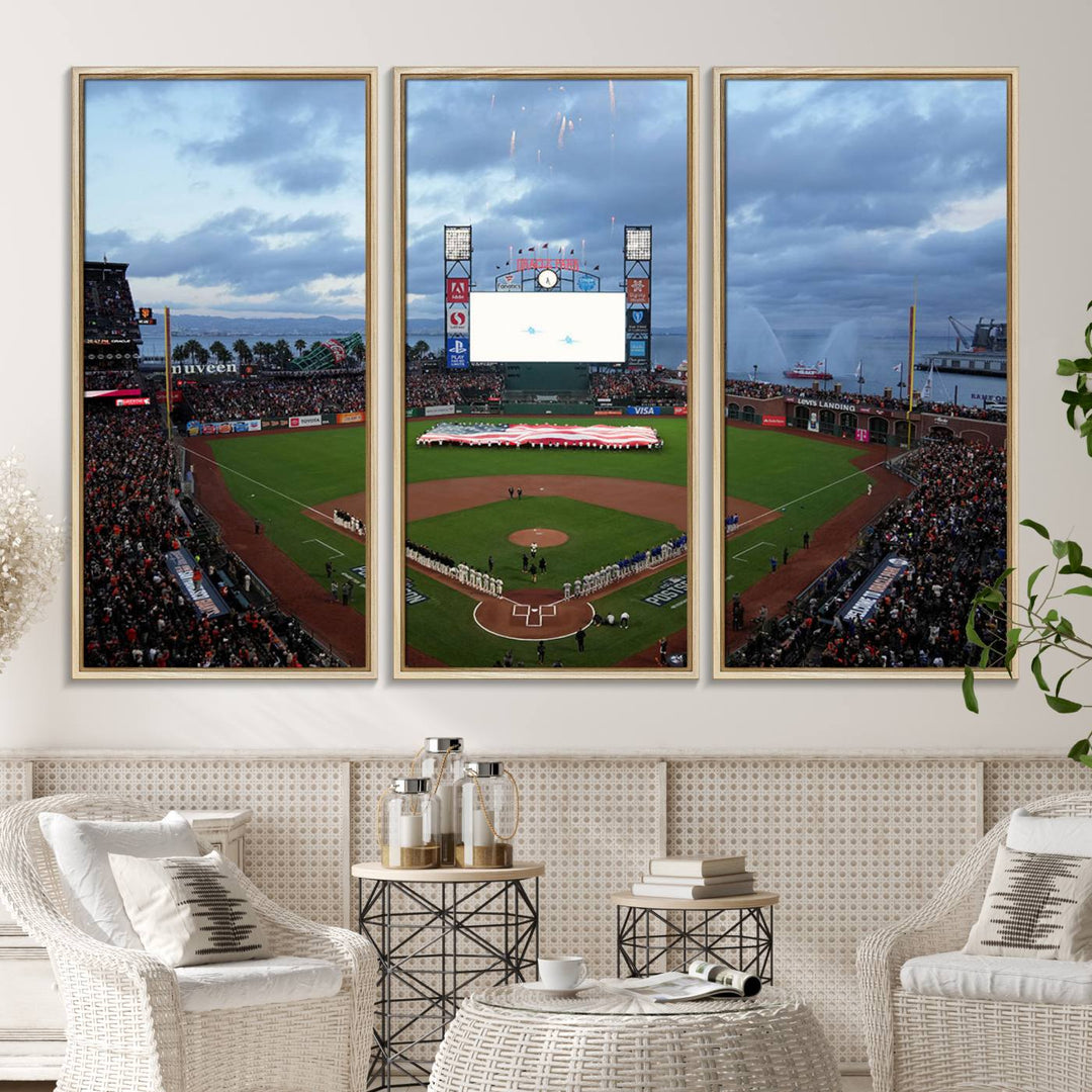 This framed 3-panel canvas MLB wall art features a giant flag and fans under a cloudy sky at Oracle Park.