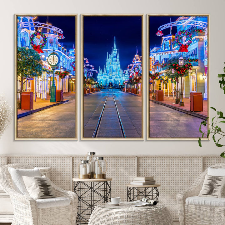 Disney wall art featuring a fantasy castle street at night.