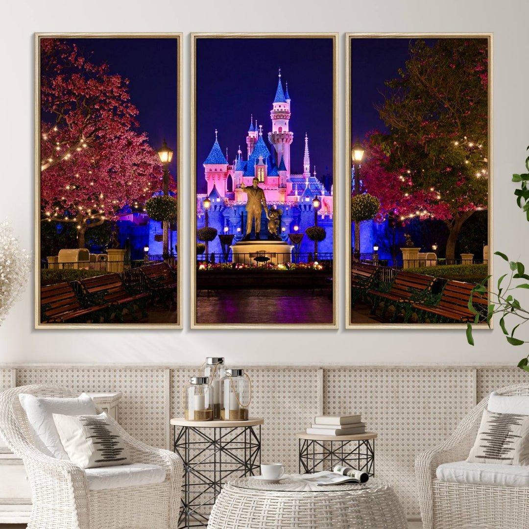 The Castle Large Wall Art is surrounded by illuminated trees at night.