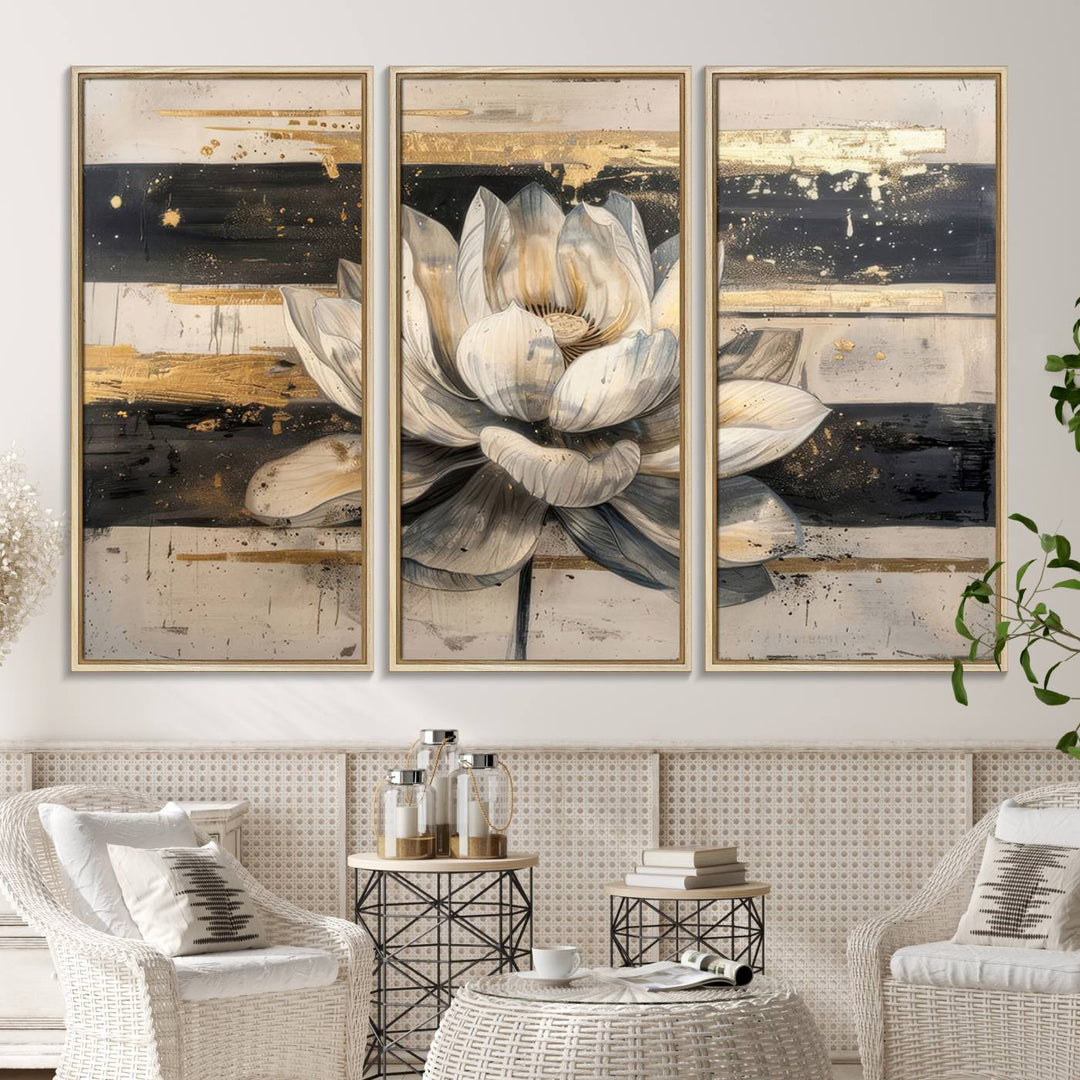 The wall is adorned with an Abstract Lotus Flower Wall Art Canvas Print.