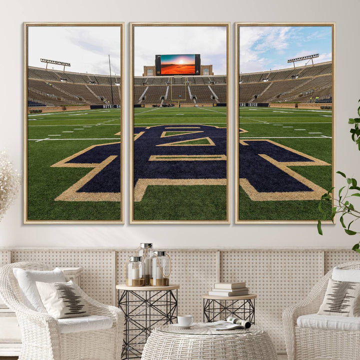 Notre Dame Stadium Triptych: This ready-to-hang giclee canvas print features a vibrant depiction of the football field adorned with an A logo and a stunning sunset.