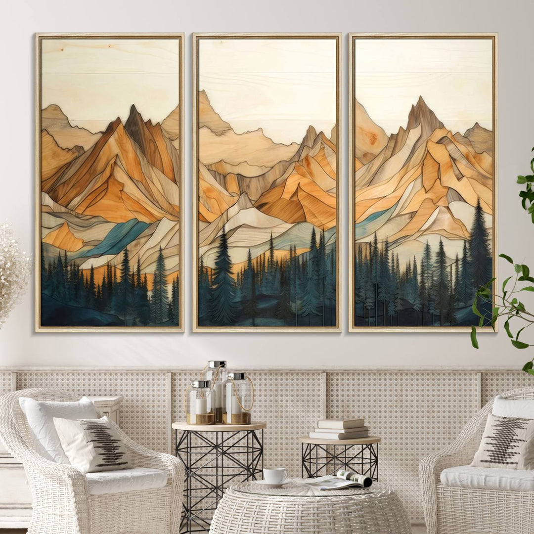 A triptych giclee print of mountains decorates the wall above the counter.