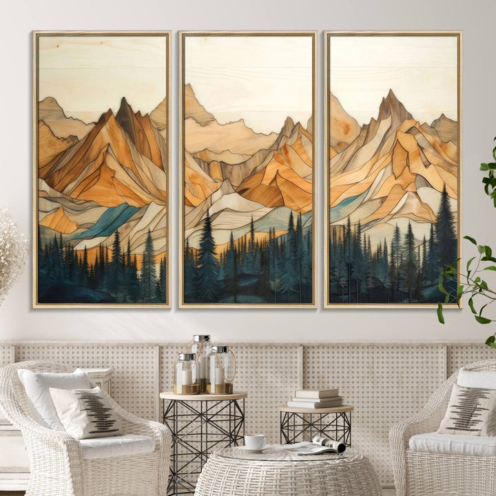 A triptych giclee print of mountains decorates the wall above the counter.