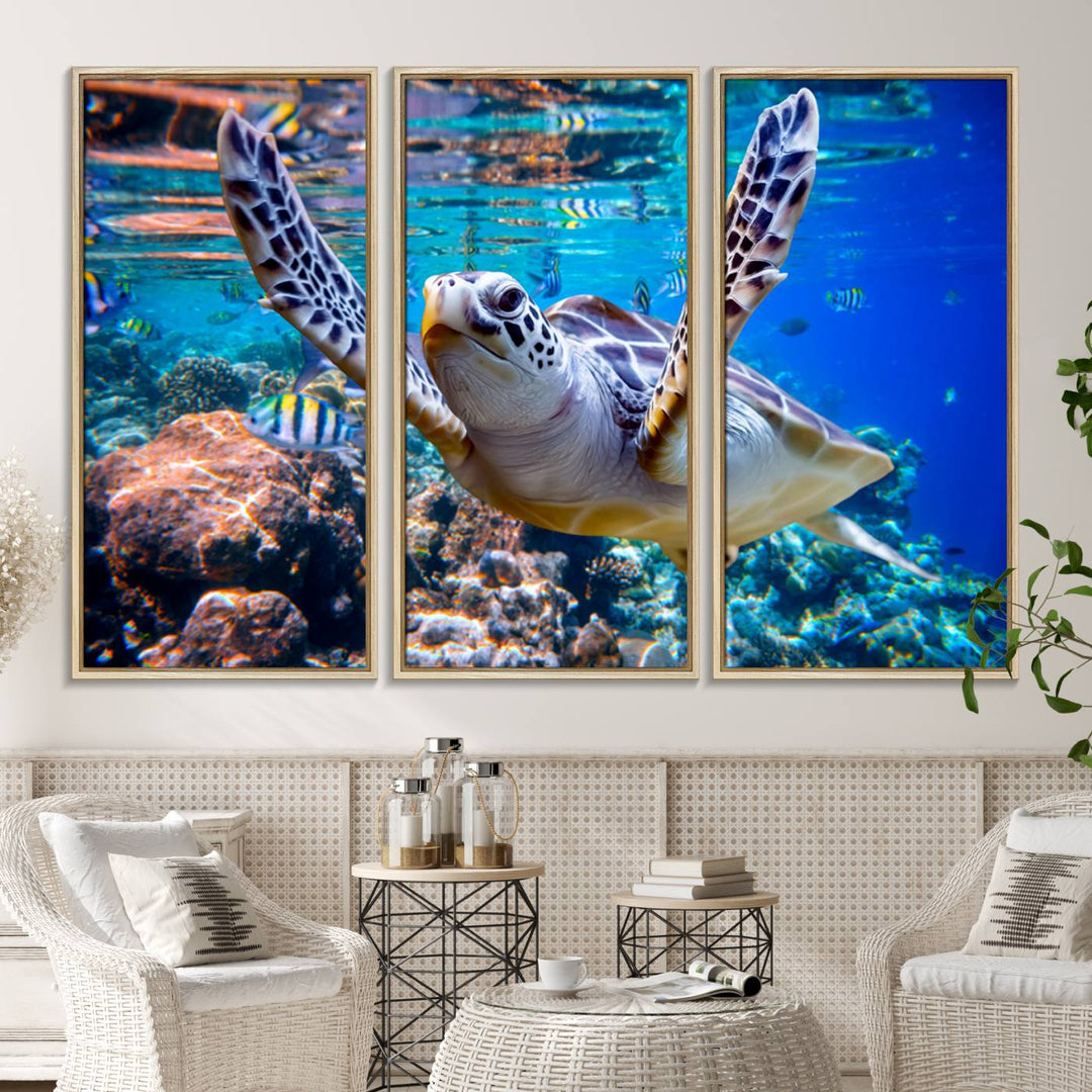 The Underwater Sea Turtle Wall Art Canvas Print serves as vibrant ocean décor, enhancing the kitchen with its stunning depiction.