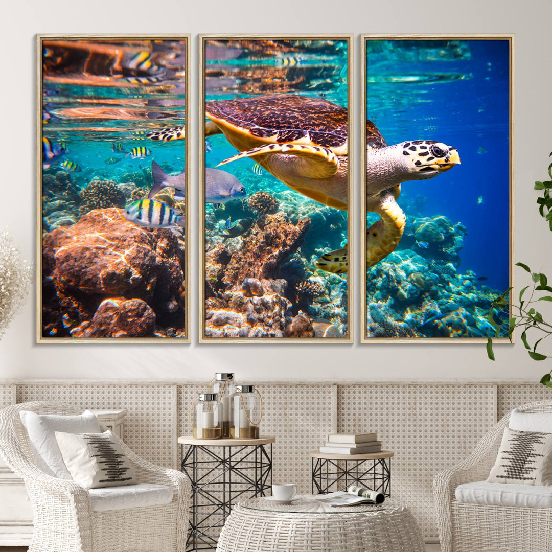 A Sea Turtle Wall Art Canvas Print features a colorful turtle swimming among coral. This artwork is ready to hang.