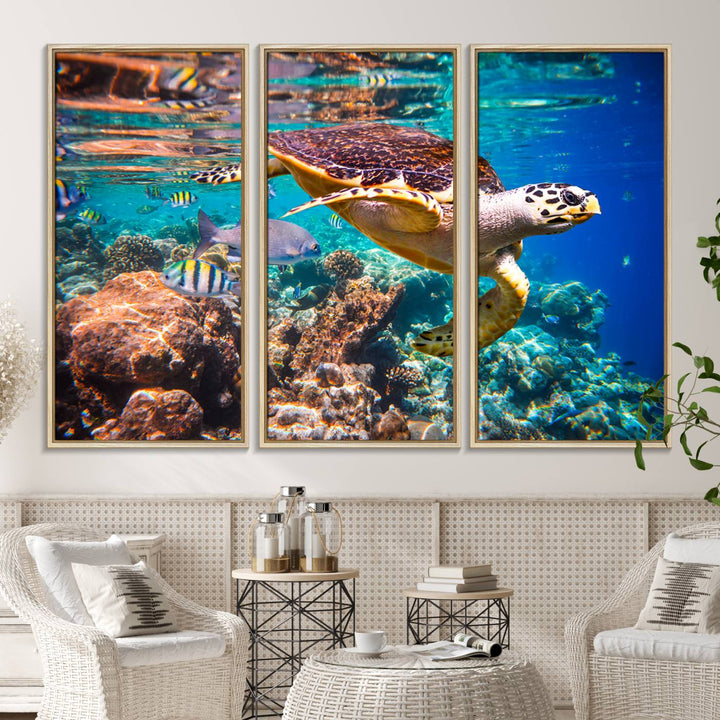 A Sea Turtle Wall Art Canvas Print features a colorful turtle swimming among coral. This artwork is ready to hang.