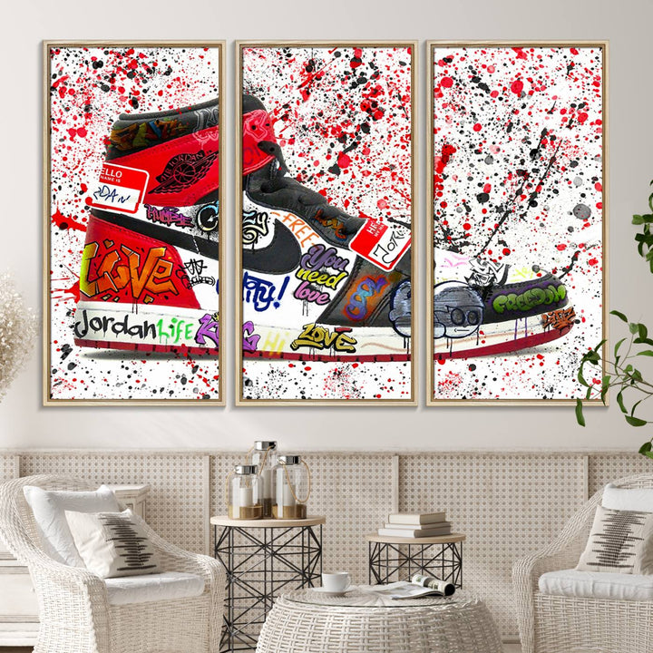 A Jordan Shoes Graffiti Canvas Print hangs prominently, perfect for sneakerheads and urban art lovers.