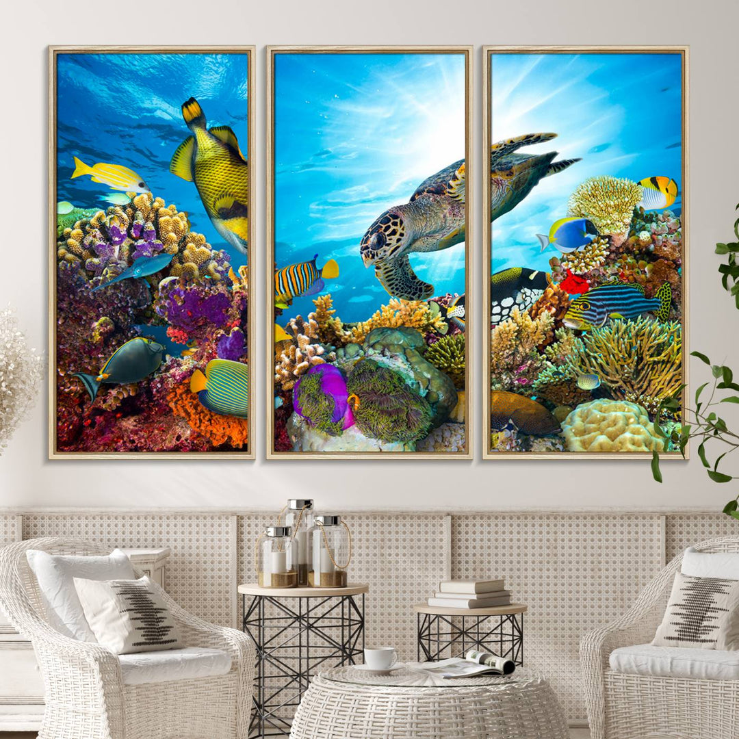 The Colorful Coral Reef and Sea Life Turtle Canvas Print brings vibrant ocean decor to your wall.