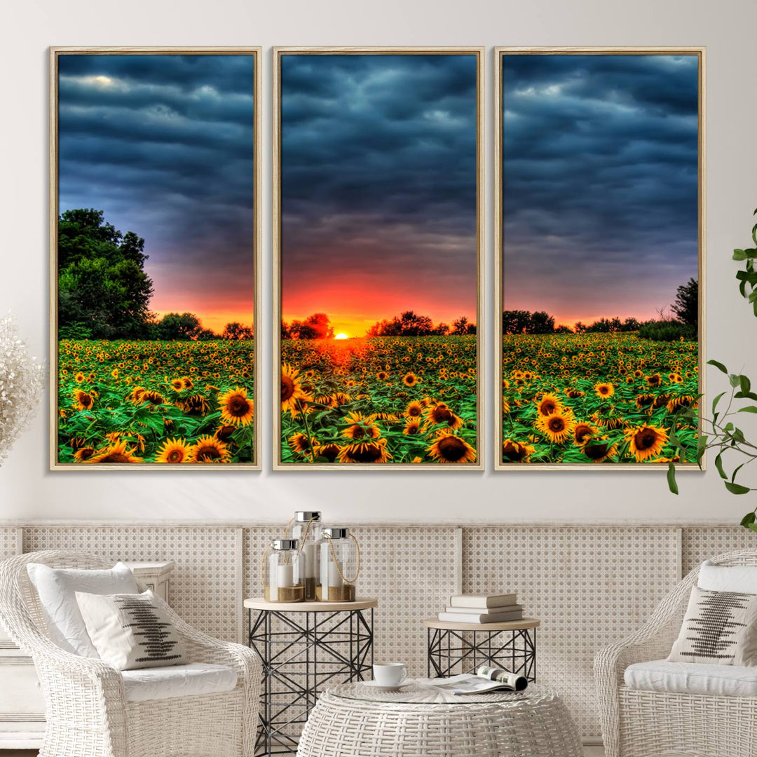 A Golden Sunflower Field at Sunset ready-to-hang wall art canvas print.