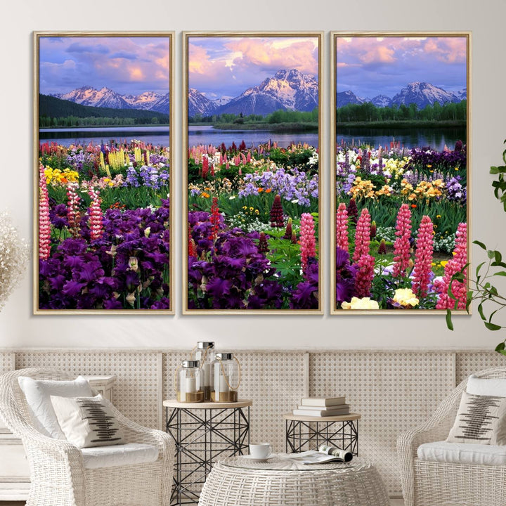 A Vibrant Wildflower Garden and Mountain View Giclee Print is displayed prominently on the wall.