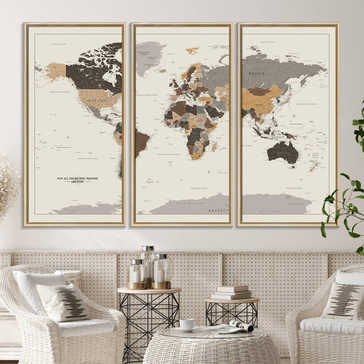 Antique-style world map canvas print with Not all those who wander are lost, perfect for vintage decor.