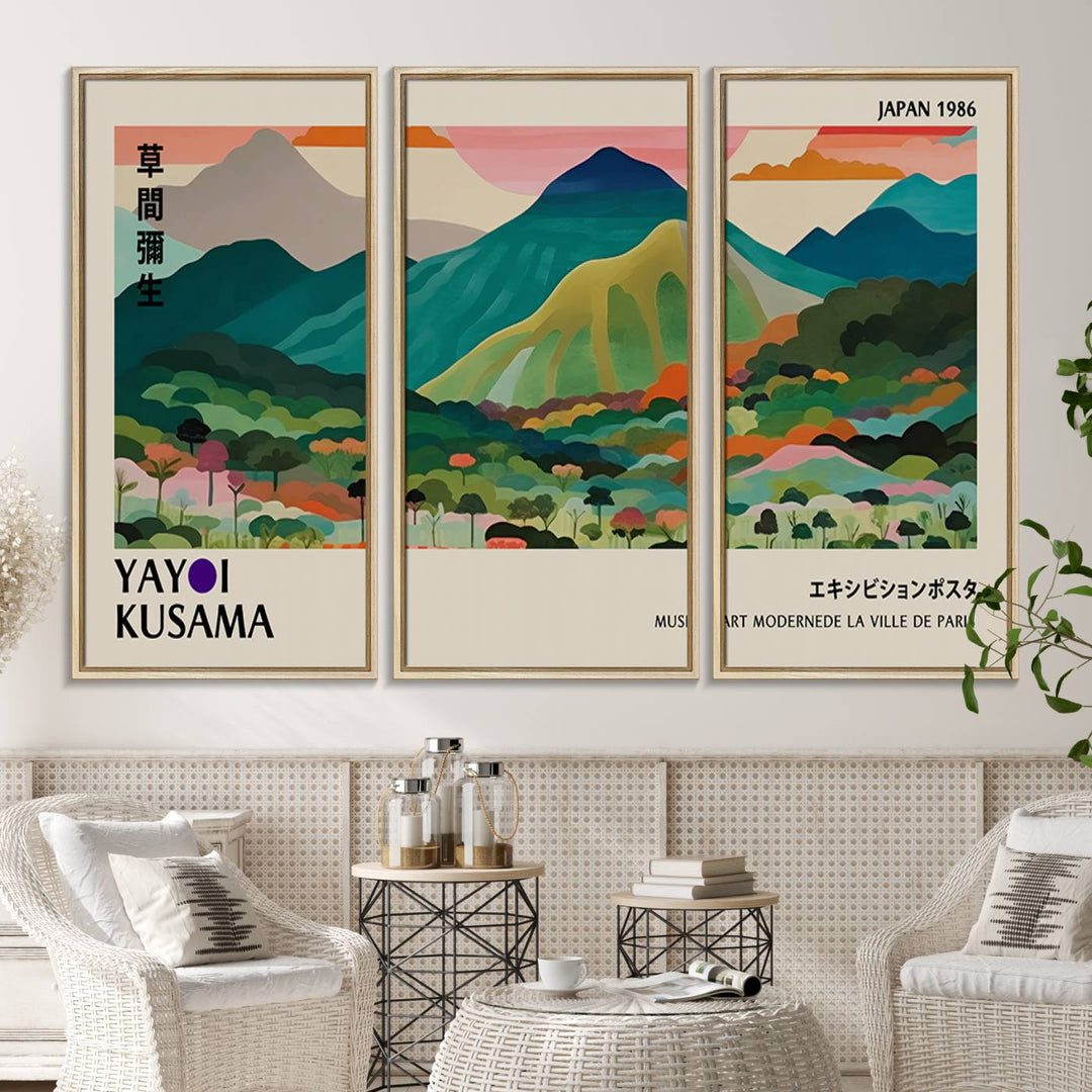 Vibrant Kusama landscape canvas featuring floral mountains and botanical decor, ideal for a modern home.