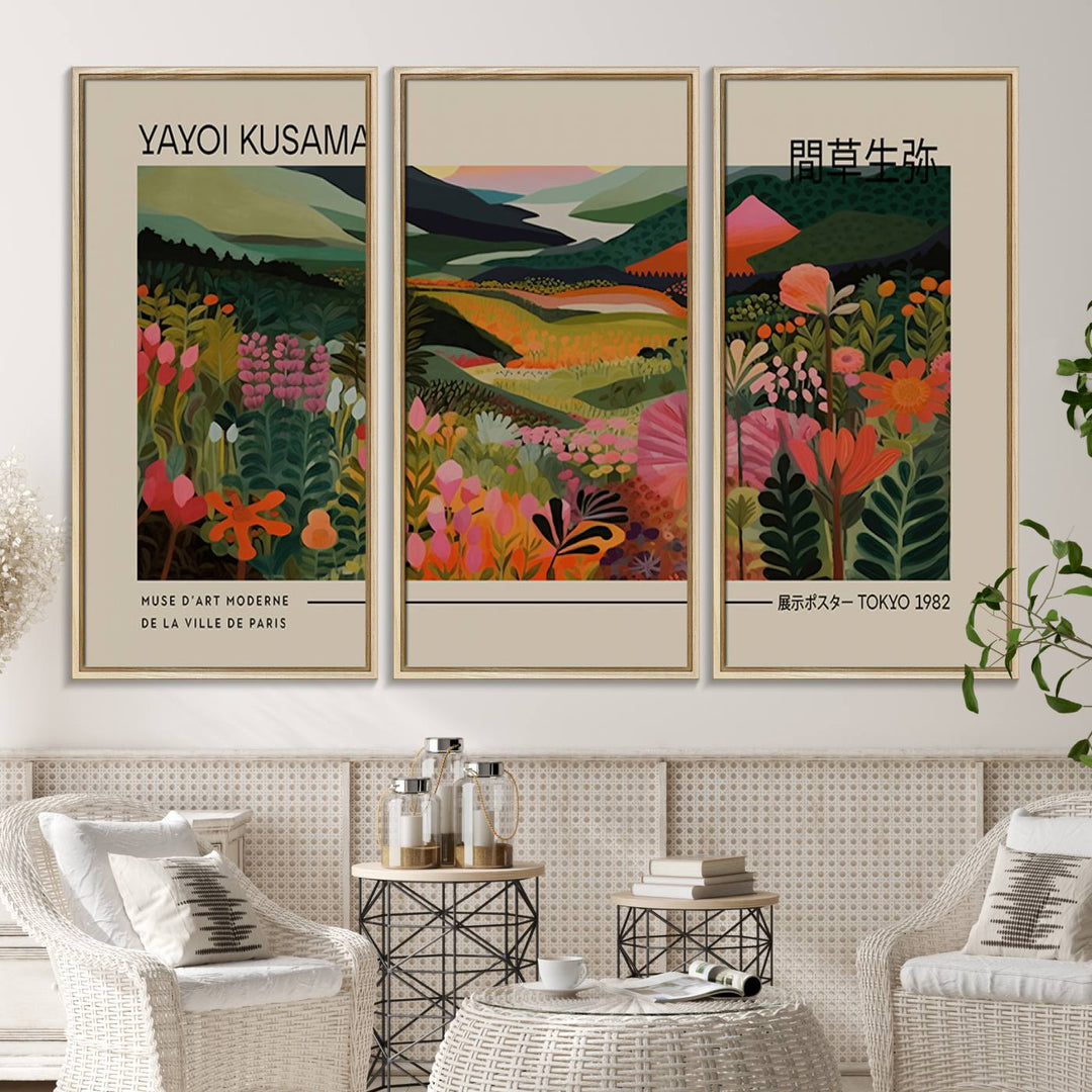 A Yayoi Kusama Landscape Canvas Print brightens the wall with vibrant floral and mountain art.