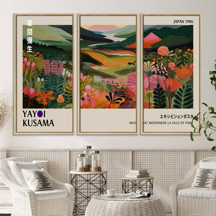 Yayoi Kusamas Landscape Canvas Print with vibrant floral mountain art adorns the wall.