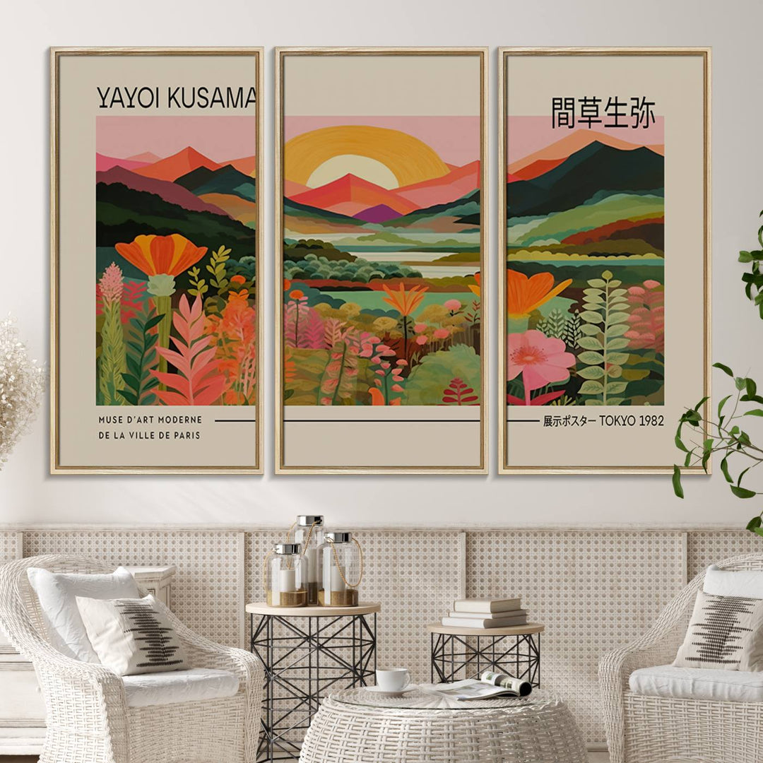 A Yayoi Kusama landscape print and an antique world map enhance the dining area.