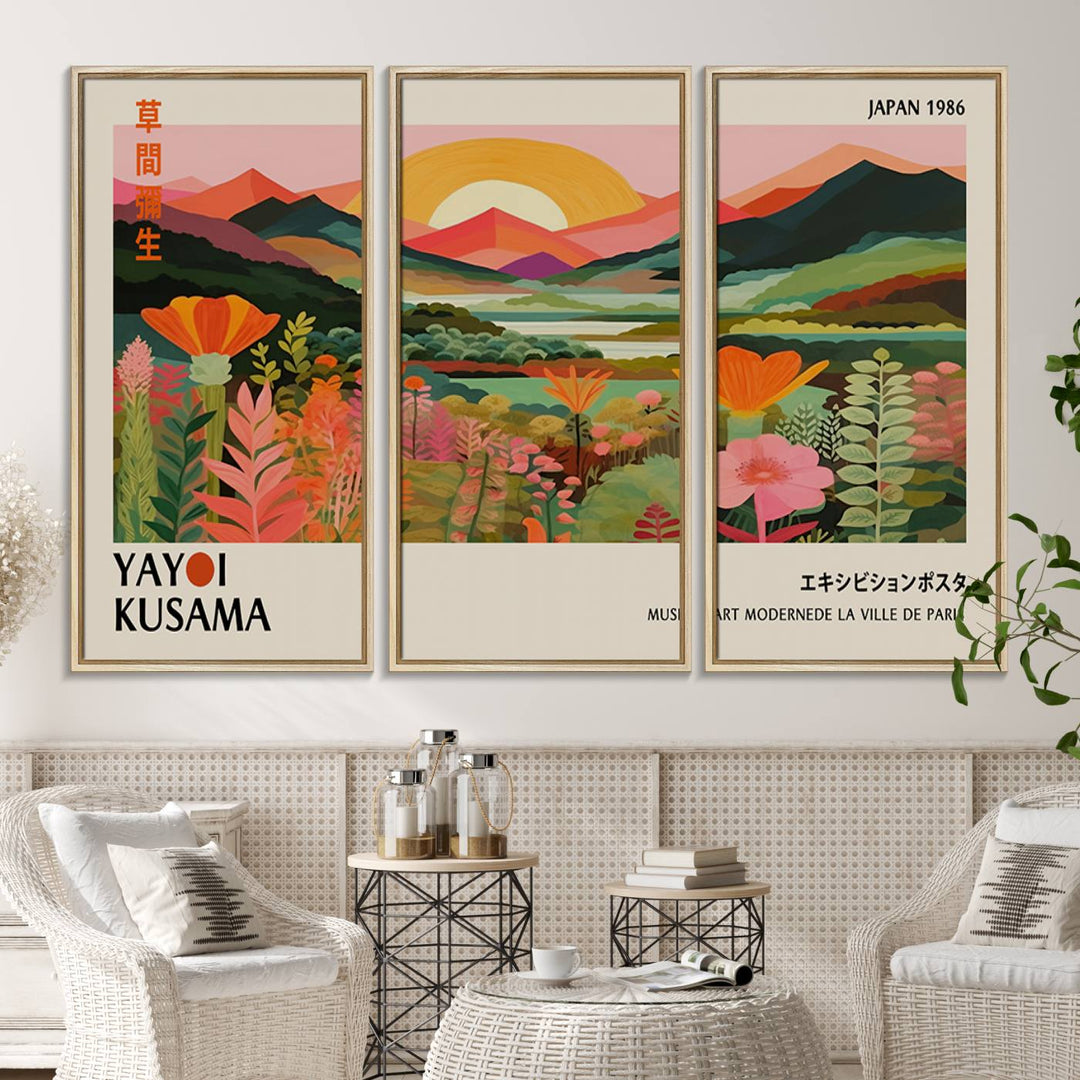 The Yayoi Kusama Landscape Canvas Print, featuring vibrant floral mountains and sunset scenery, enhances the room.