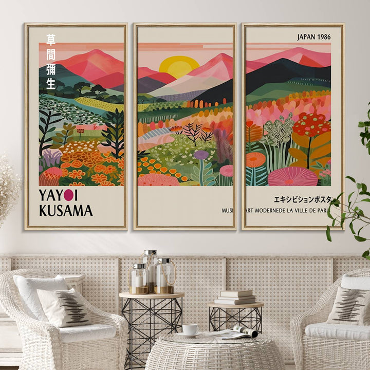 The wall art includes a vintage world map and Yayoi Kusamas colorful landscape.