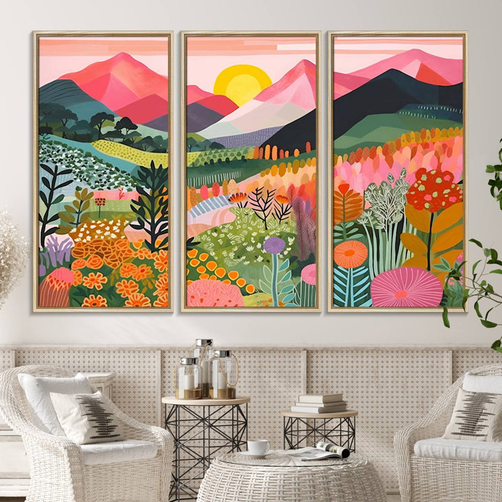 Vibrant abstract landscape canvas: Yayoi Kusama 1986 wall art print featuring mountains, sun, and flowers. Ready-to-hang.