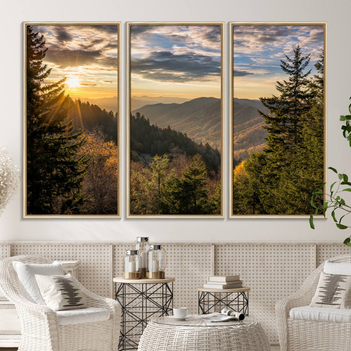 A triptych canvas titled Sunrise Over the Smoky Mountains adorns the wall.