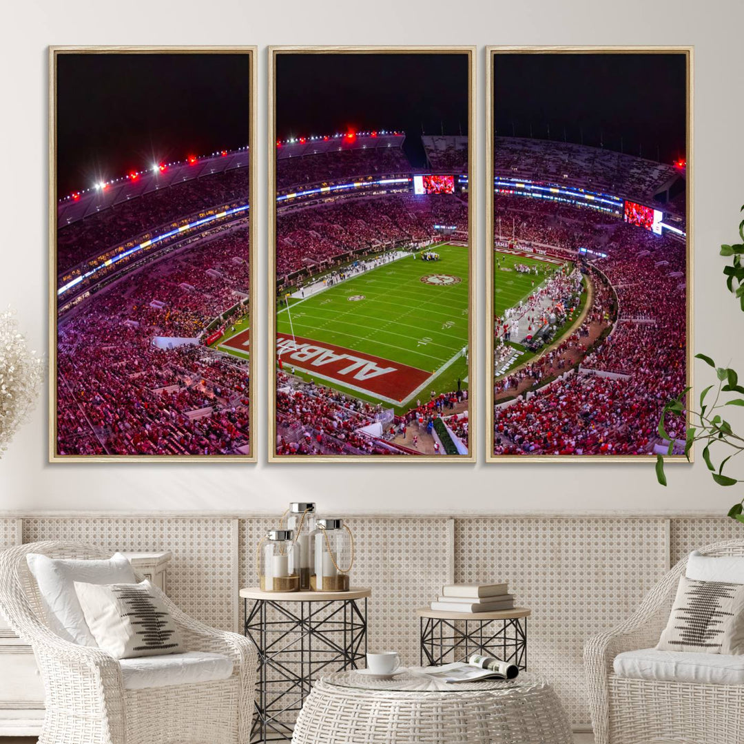 The living room features a Bryant-Denny Stadium Night Game Triple Canvas Wall Art.